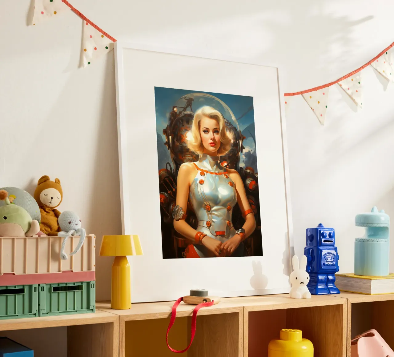 Retro Scifi Space Girl poster con telaio in legno da Fleur de Lys