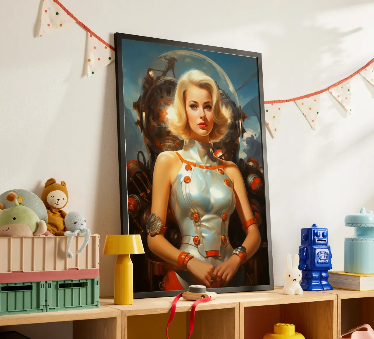 Retro Scifi Space Girl poster con telaio in legno da Fleur de Lys