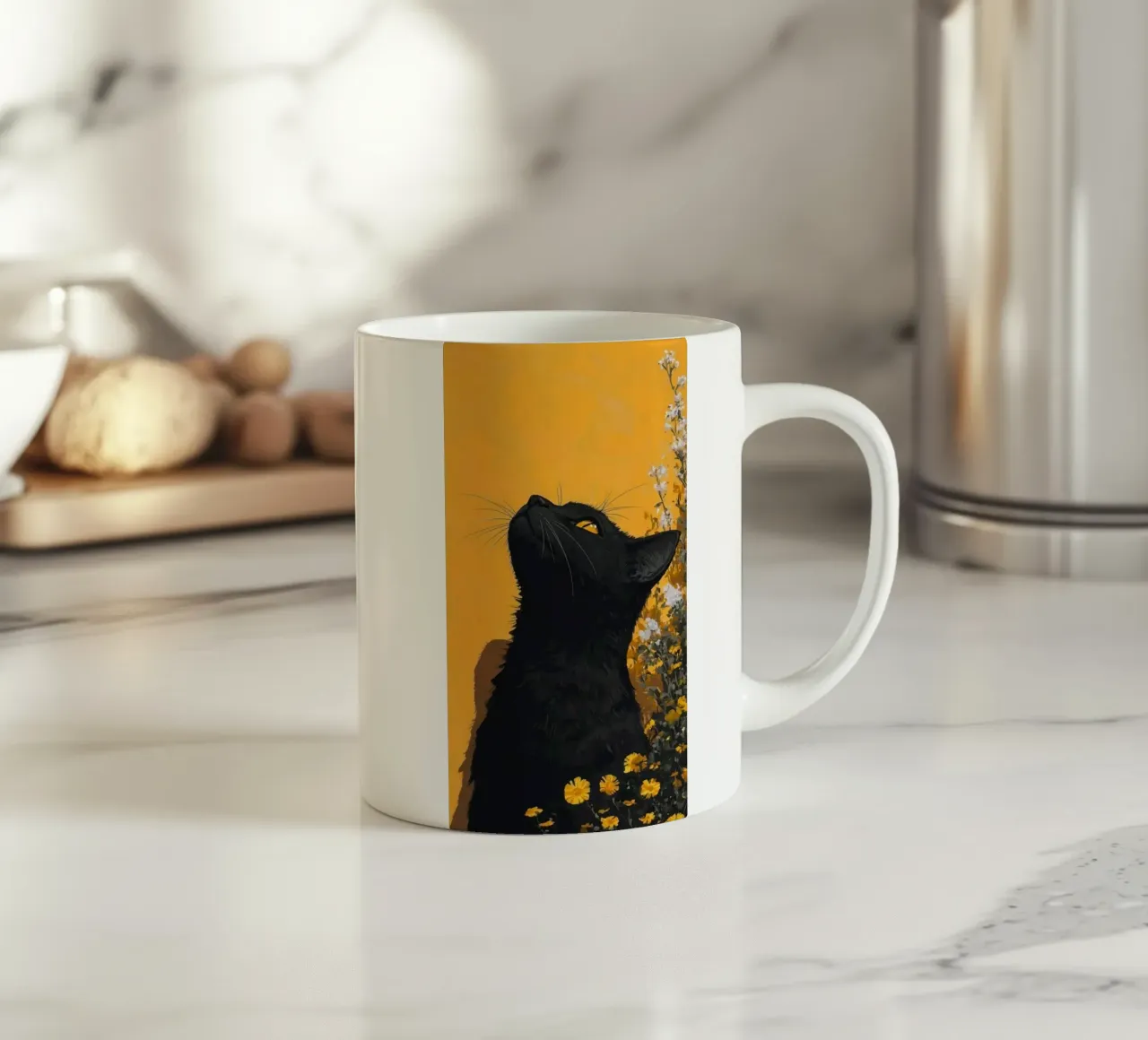 cat in yellow background tazza in ceramica da carsa