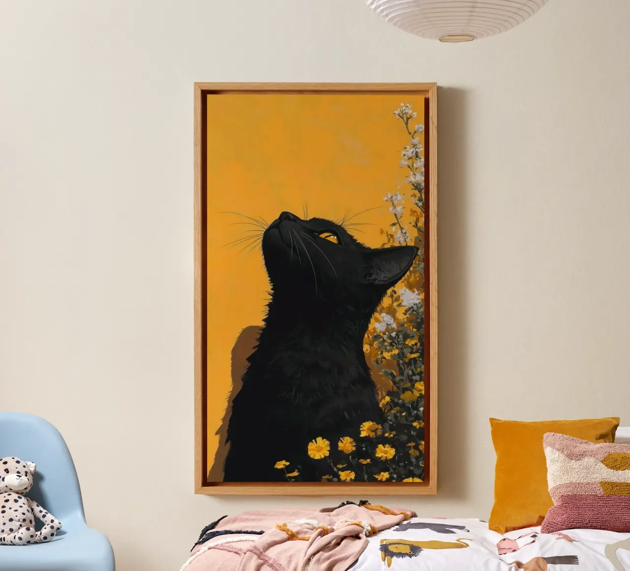 cat in yellow background canvas with Floater frame by carsa