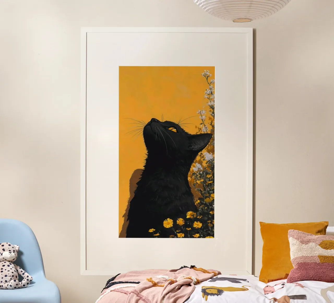cat in yellow background poster con telaio in legno da carsa