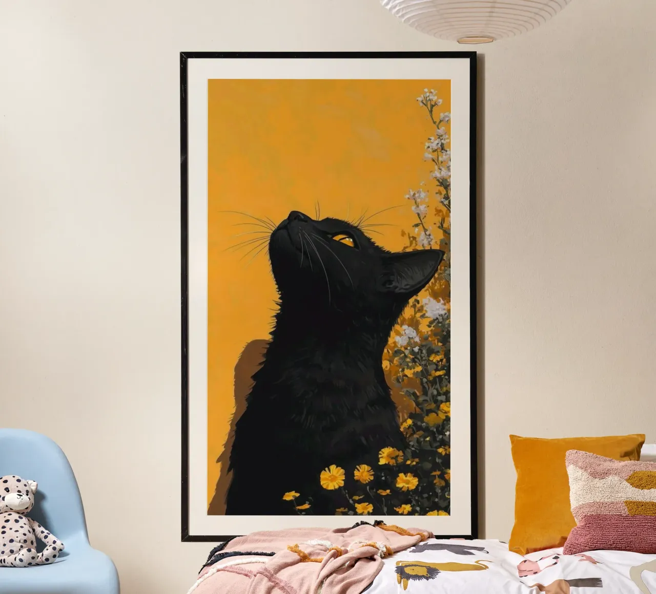 cat in yellow background poster con telaio in legno da carsa