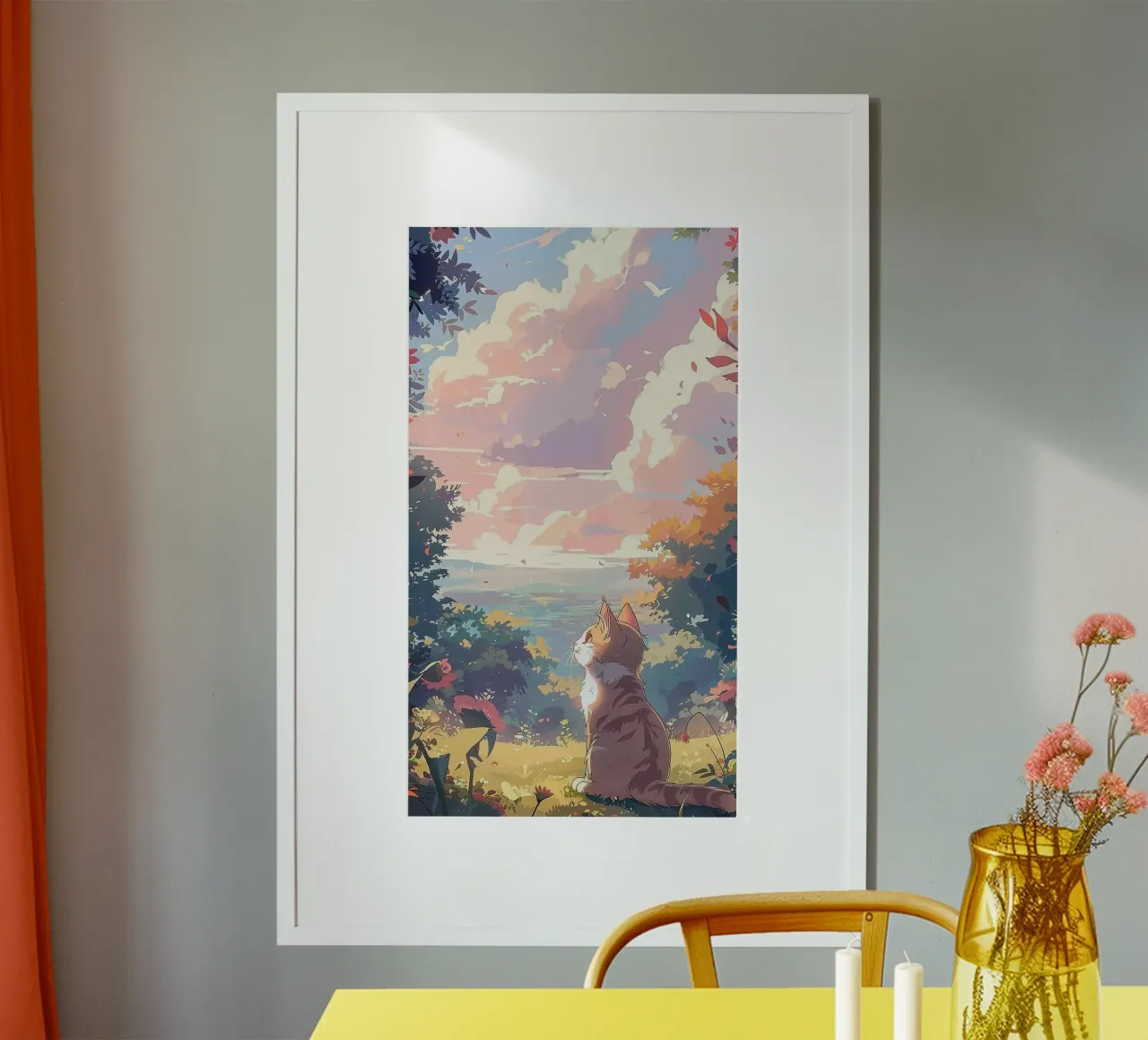 cat viewing sunshine poster con telaio in alluminio da kichin