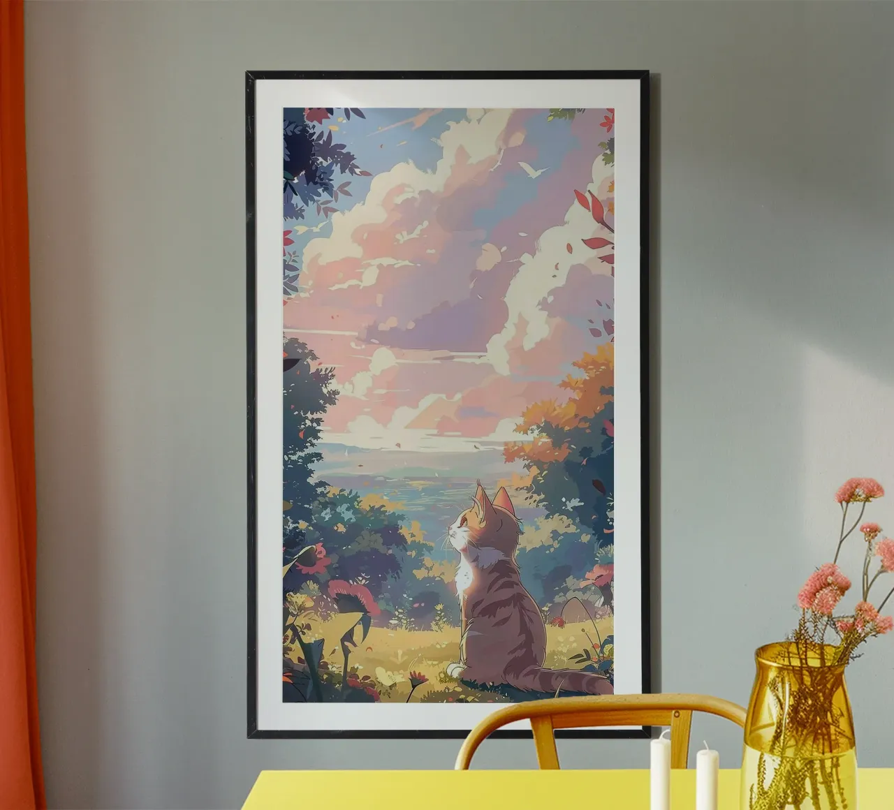 cat viewing sunshine poster con telaio in alluminio da kichin