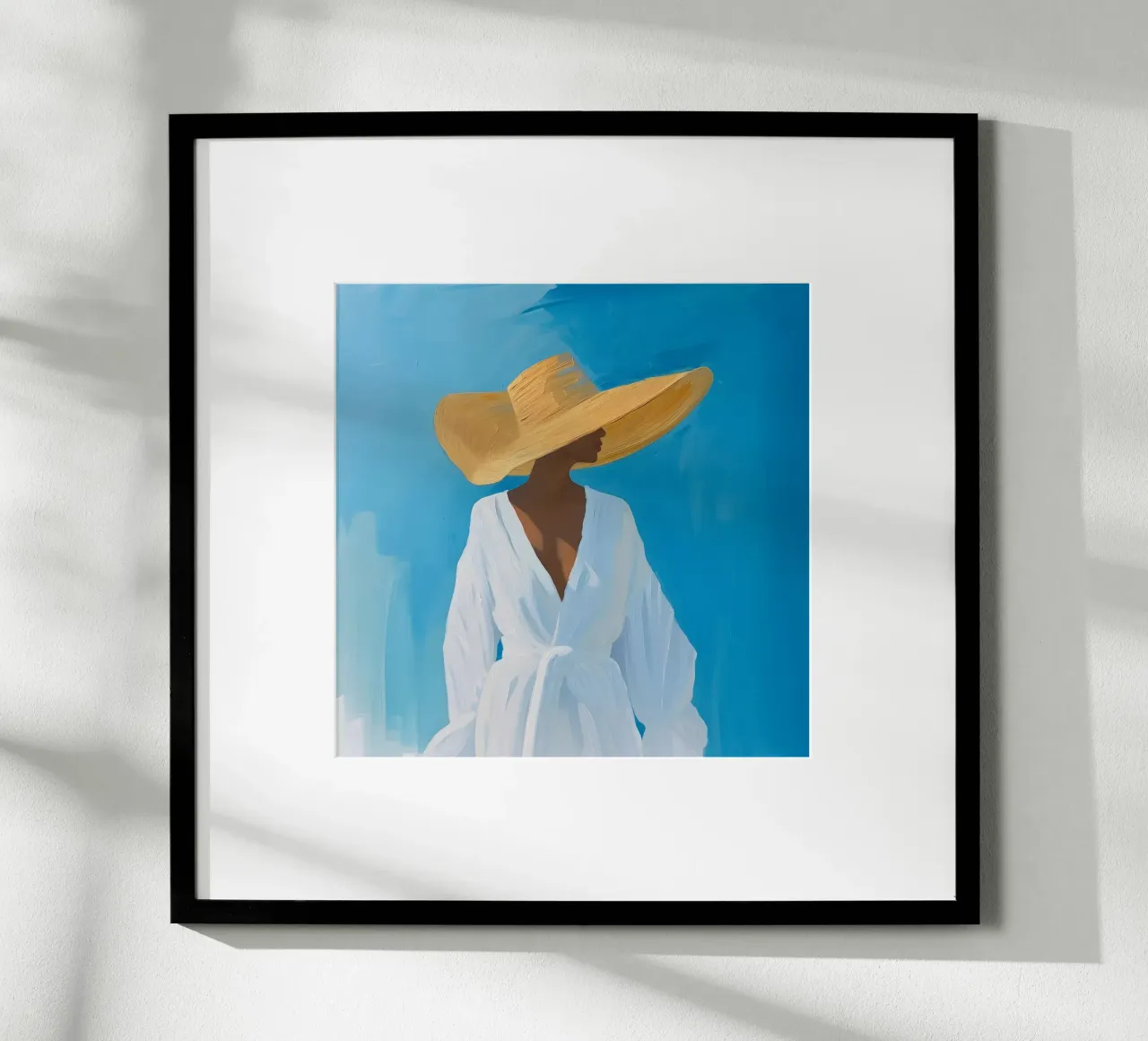 Signora con cappello da sole e cielo blu poster con telaio in plastica da Yaso Design & Art