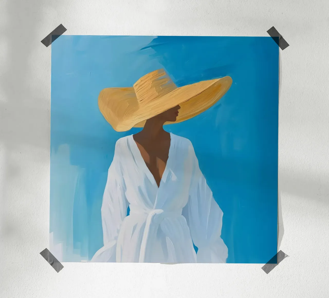 Signora con cappello da sole e cielo blu poster con telaio in plastica da Yaso Design & Art