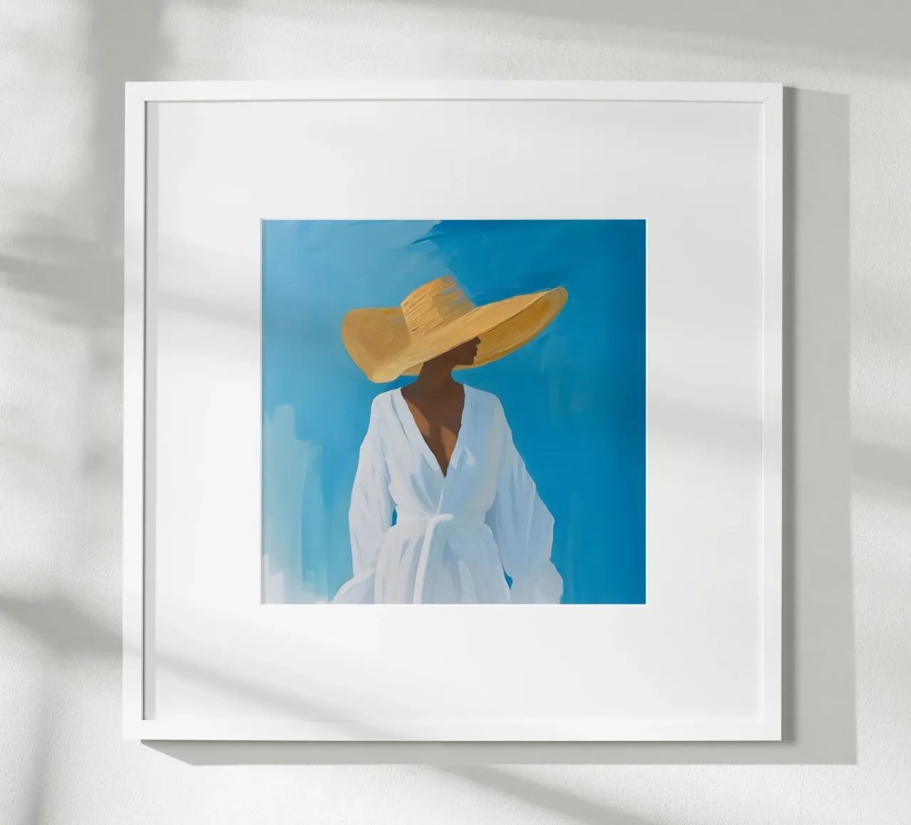 Signora con cappello da sole e cielo blu poster con telaio in plastica da Yaso Design & Art