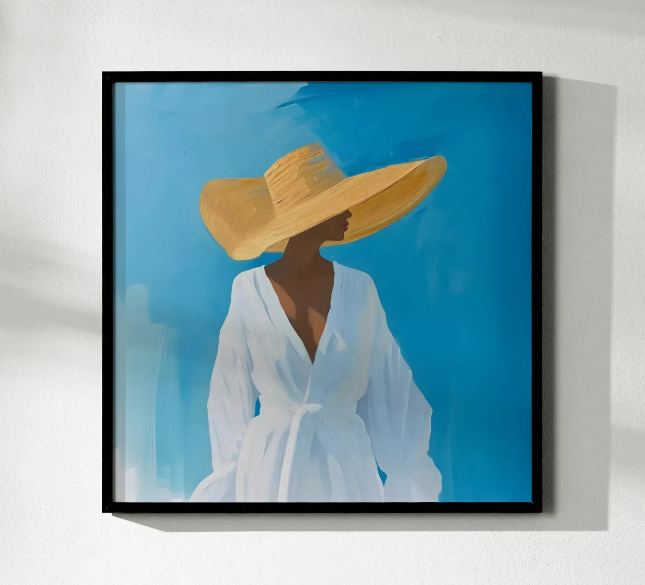 Signora con cappello da sole e cielo blu poster con telaio in plastica da Yaso Design & Art