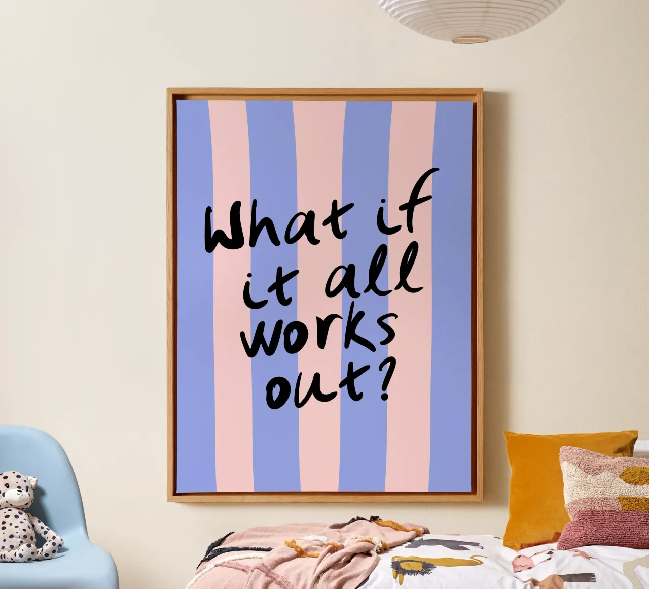 What If It All Works Out Pastel Blue and Pink Typography canvas with Floater frame by dericktype
