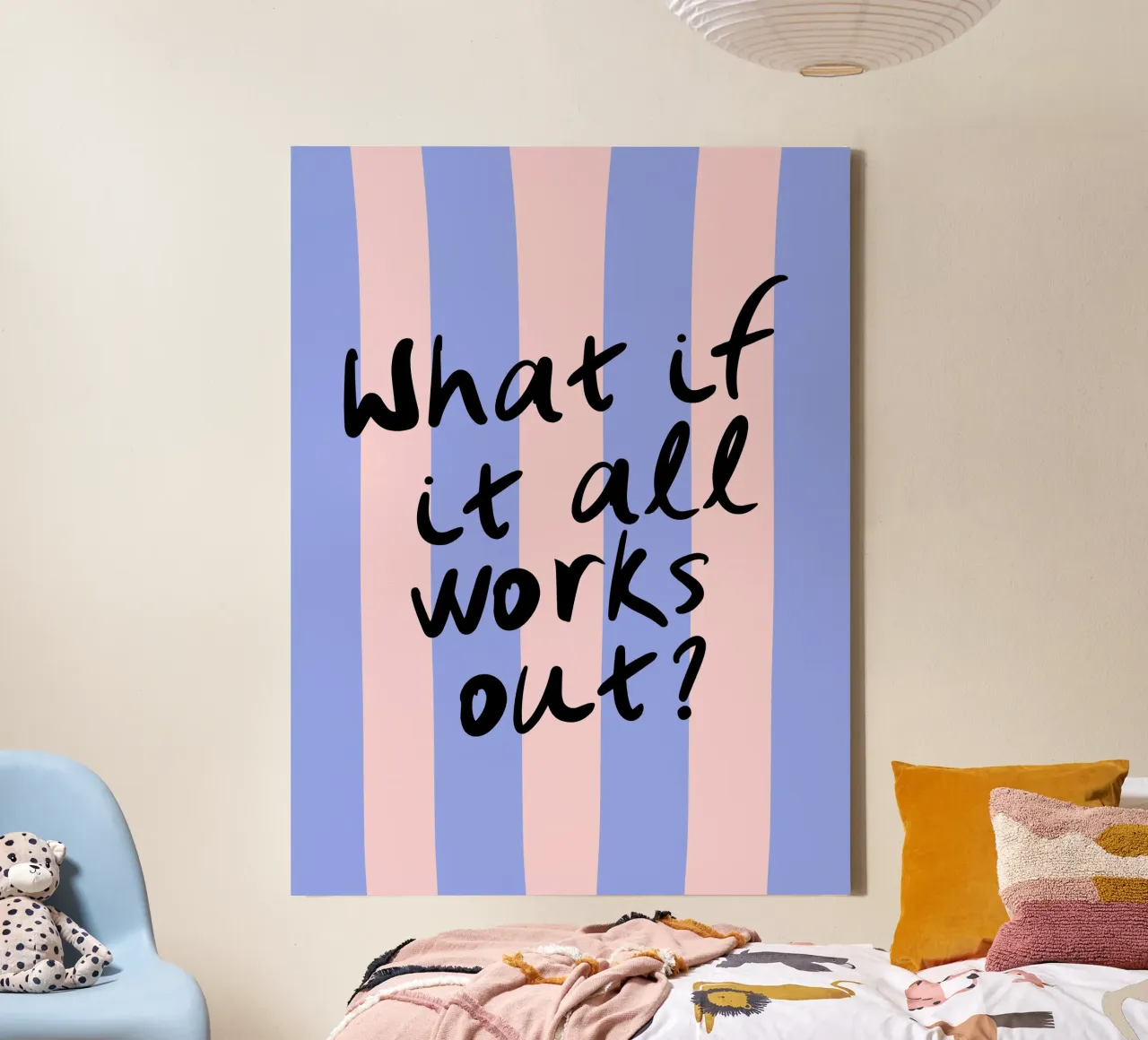 What If It All Works Out Pastel Blue and Pink Typography canvas with Floater frame by dericktype