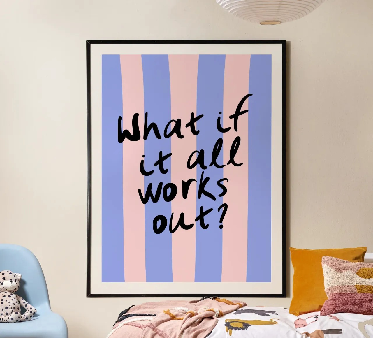 What If It All Works Out Pastel Blue and Pink Typography poster con telaio in plastica da dericktype