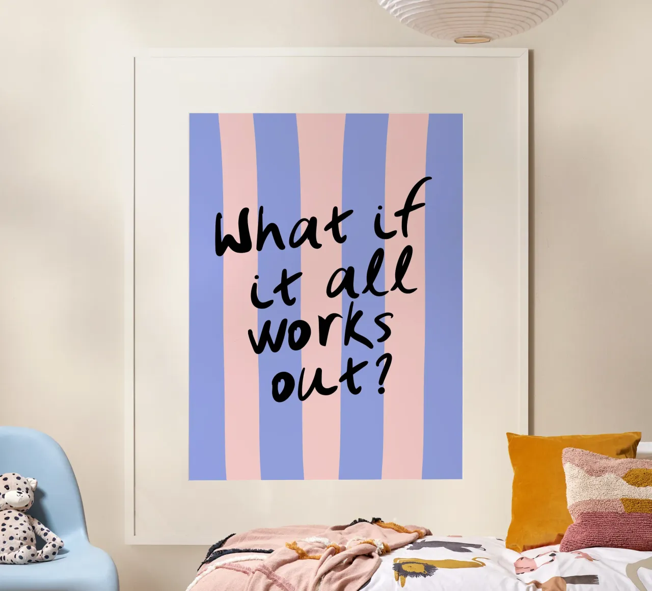 What If It All Works Out Pastel Blue and Pink Typography poster con telaio in plastica da dericktype