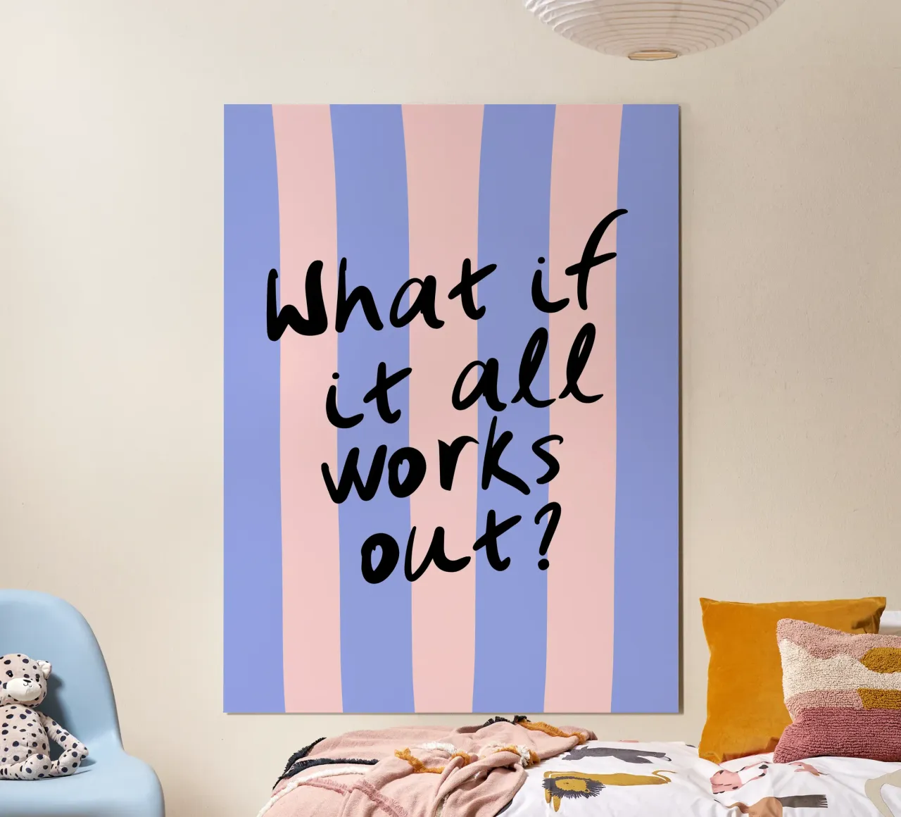 What If It All Works Out Pastel Blue and Pink Typography poster con telaio in plastica da dericktype