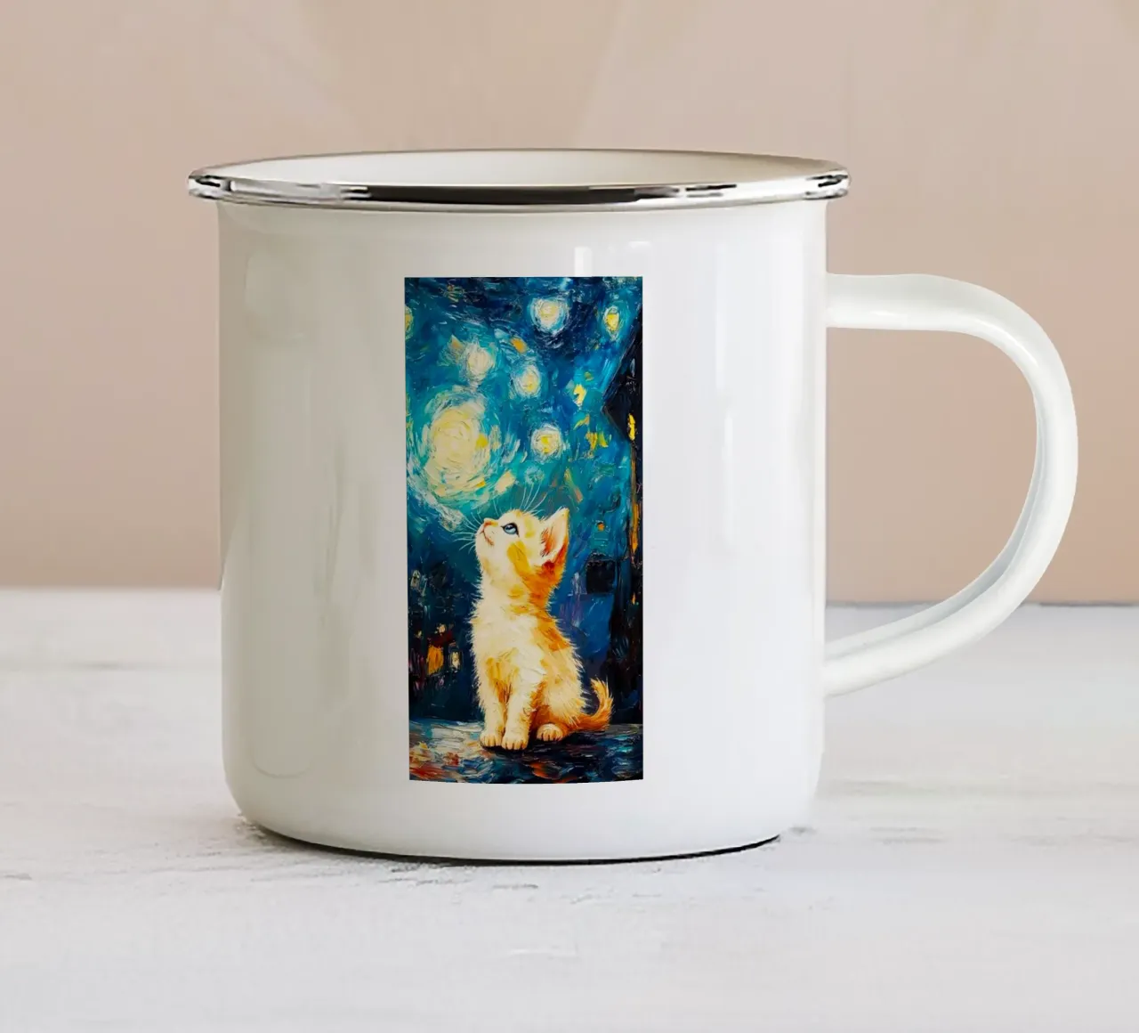 cat chill with moon and star tazza in smalto da lifeline