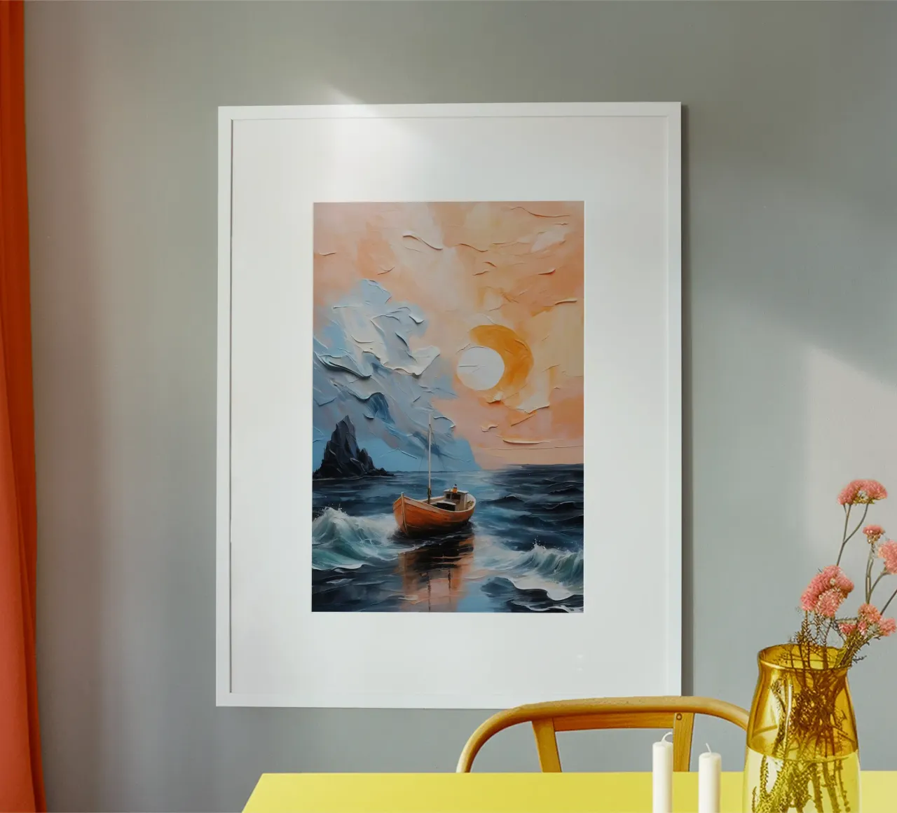 art boat and sunset poster con telaio in plastica da miracle