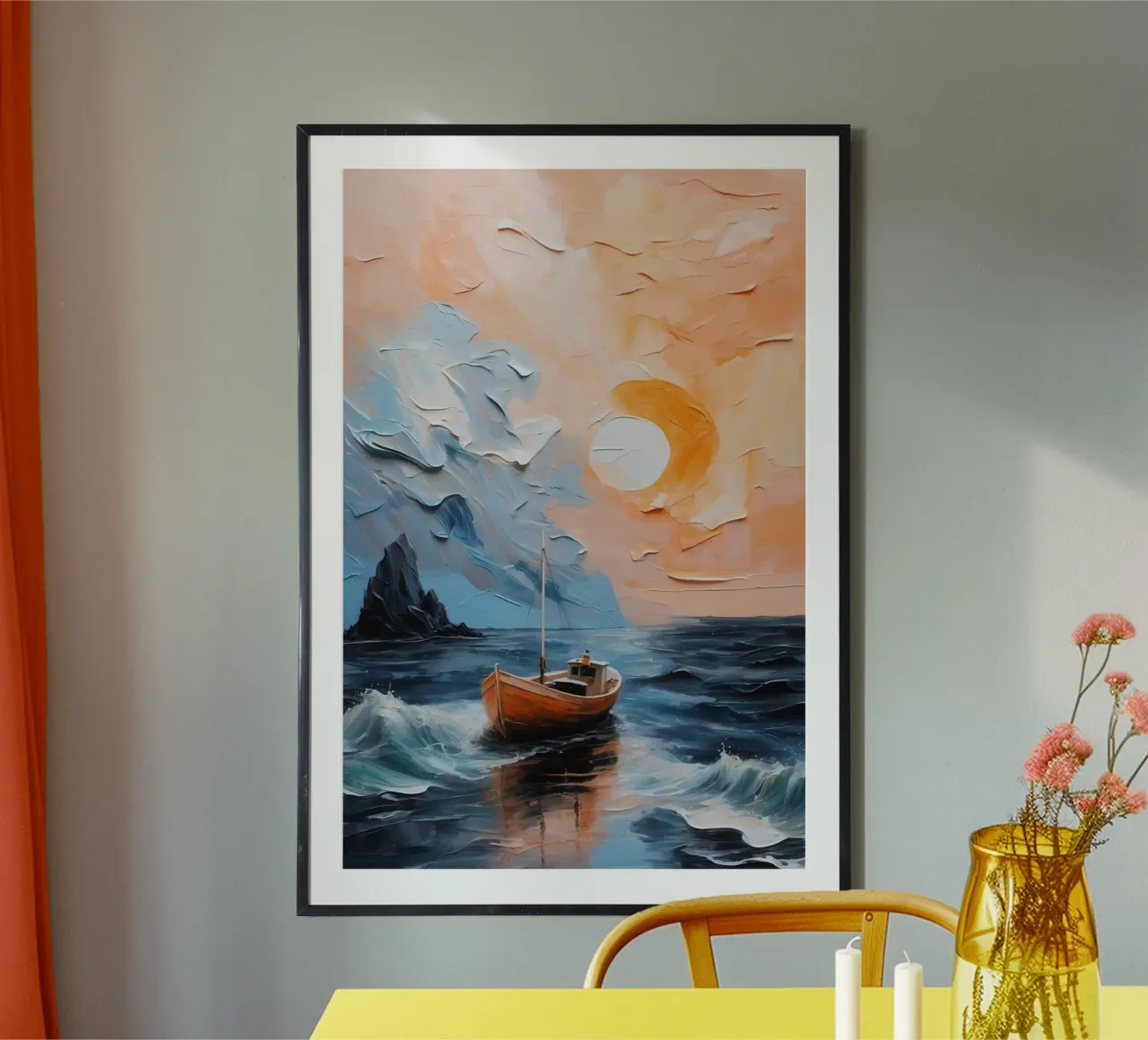 art boat and sunset poster con telaio in plastica da miracle