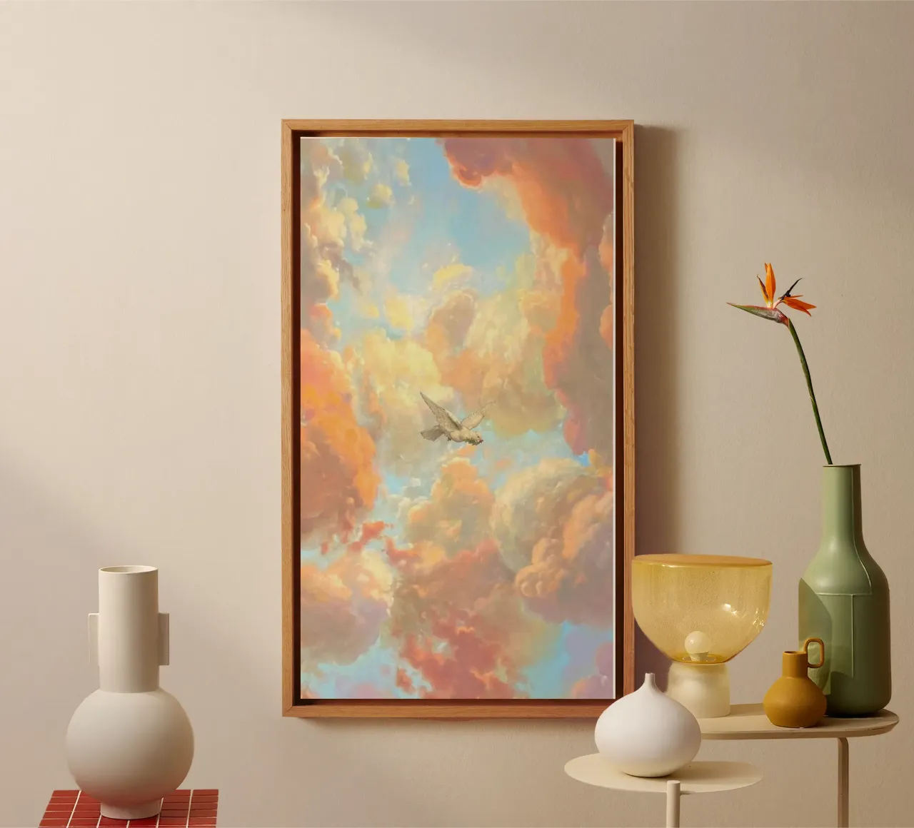 posture bird in cloud lienzo con Marco flotante de lifeline