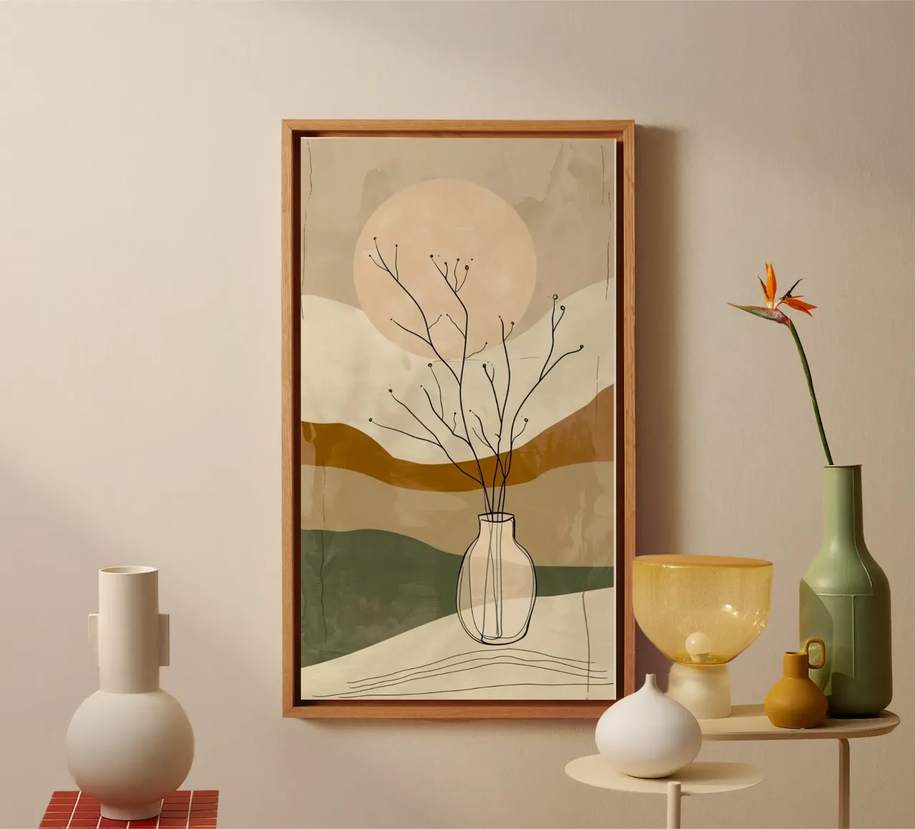 line branch bottle canvas with Floater frame by lifeline
