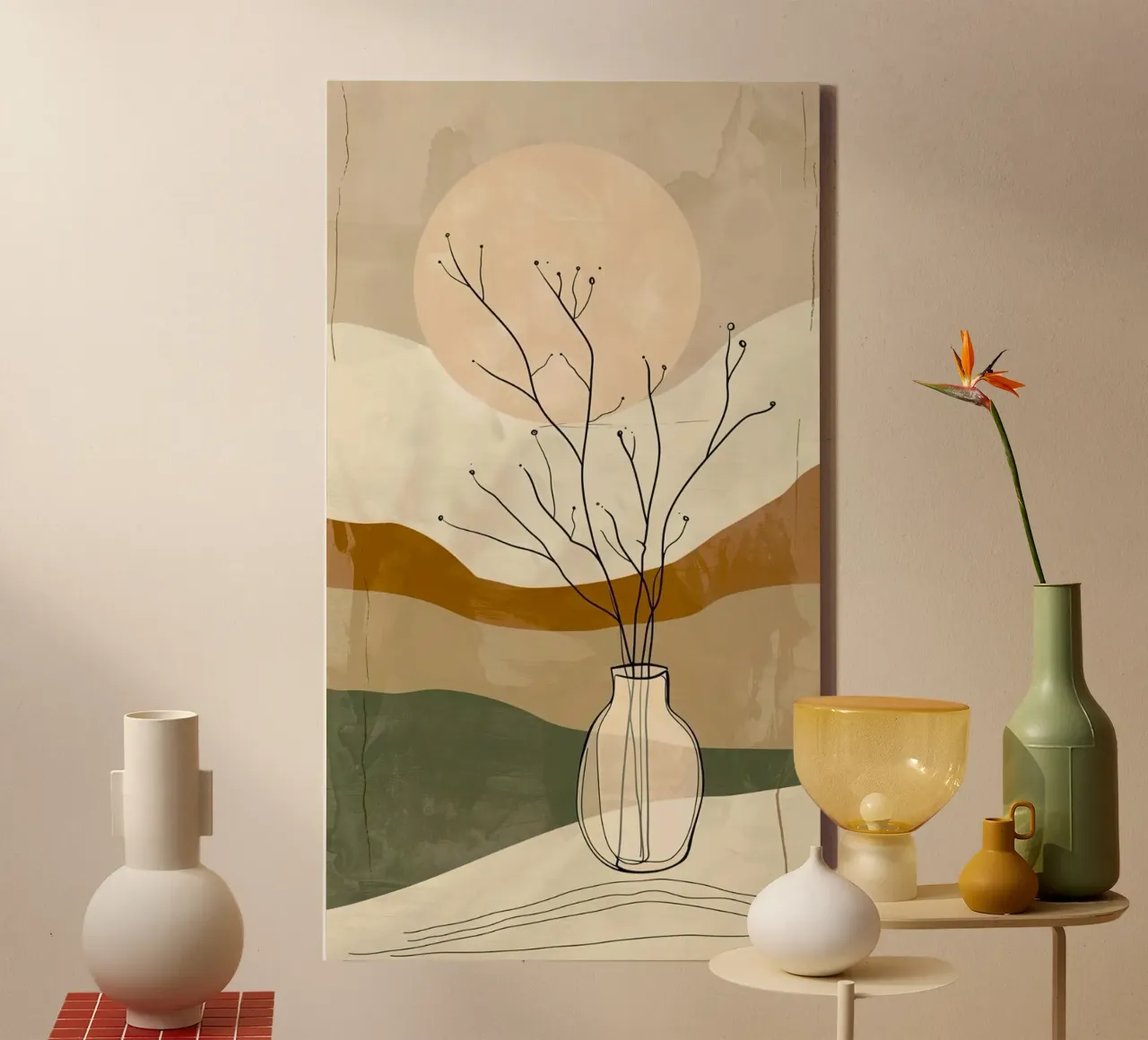line branch bottle canvas with Floater frame by lifeline