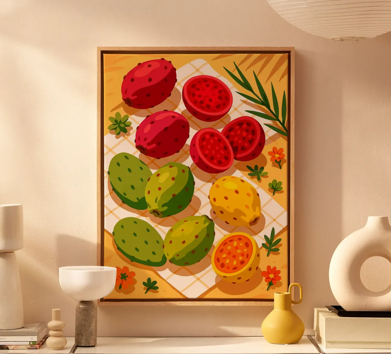 Higos chumbos - Una mesa con estilo lienzo con Marco flotante de Henry Singh