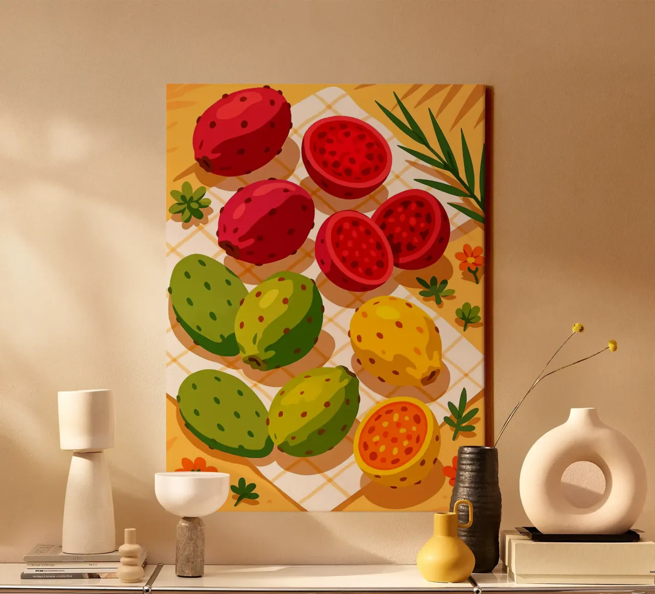 Higos chumbos - Una mesa con estilo lienzo con Marco flotante de Henry Singh