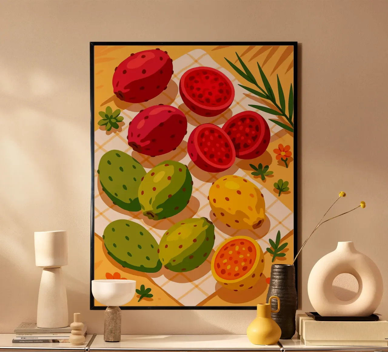 Fico d'India - Una tavola stilizzata poster con telaio in legno da Henry Singh