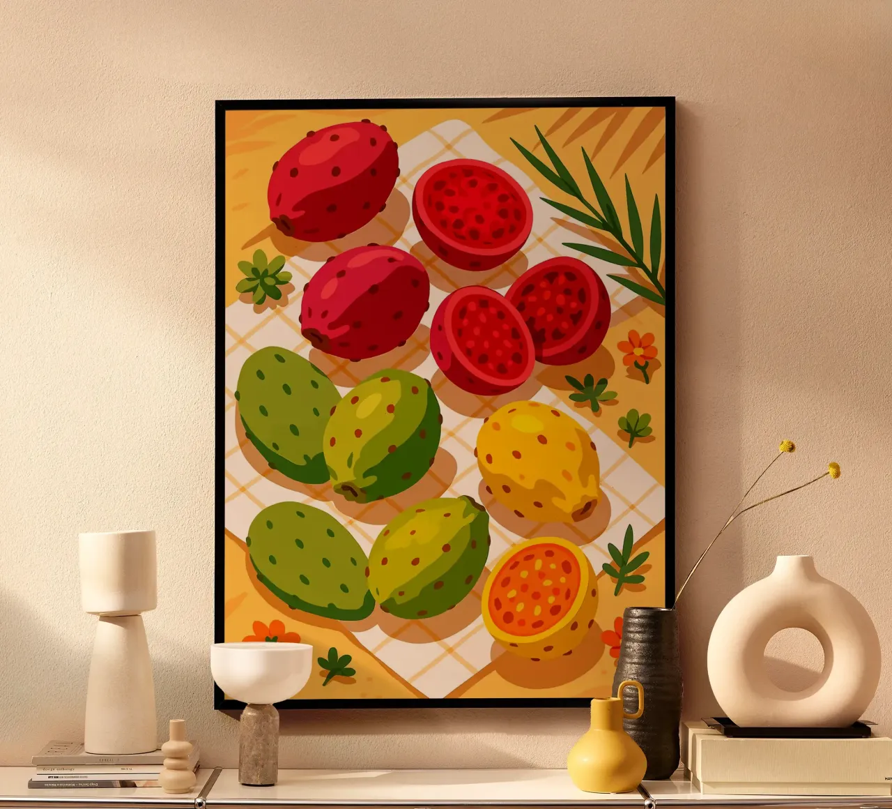 Fico d'India - Una tavola stilizzata poster con telaio in legno da Henry Singh