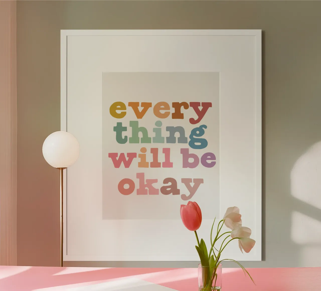 Tutto andrà bene, Affermazione positiva per bambini, arte della cameretta poster con telaio in legno da ABC Prints