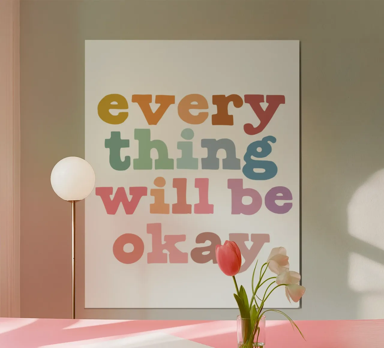 Tutto andrà bene, Affermazione positiva per bambini, arte della cameretta poster con telaio in legno da ABC Prints