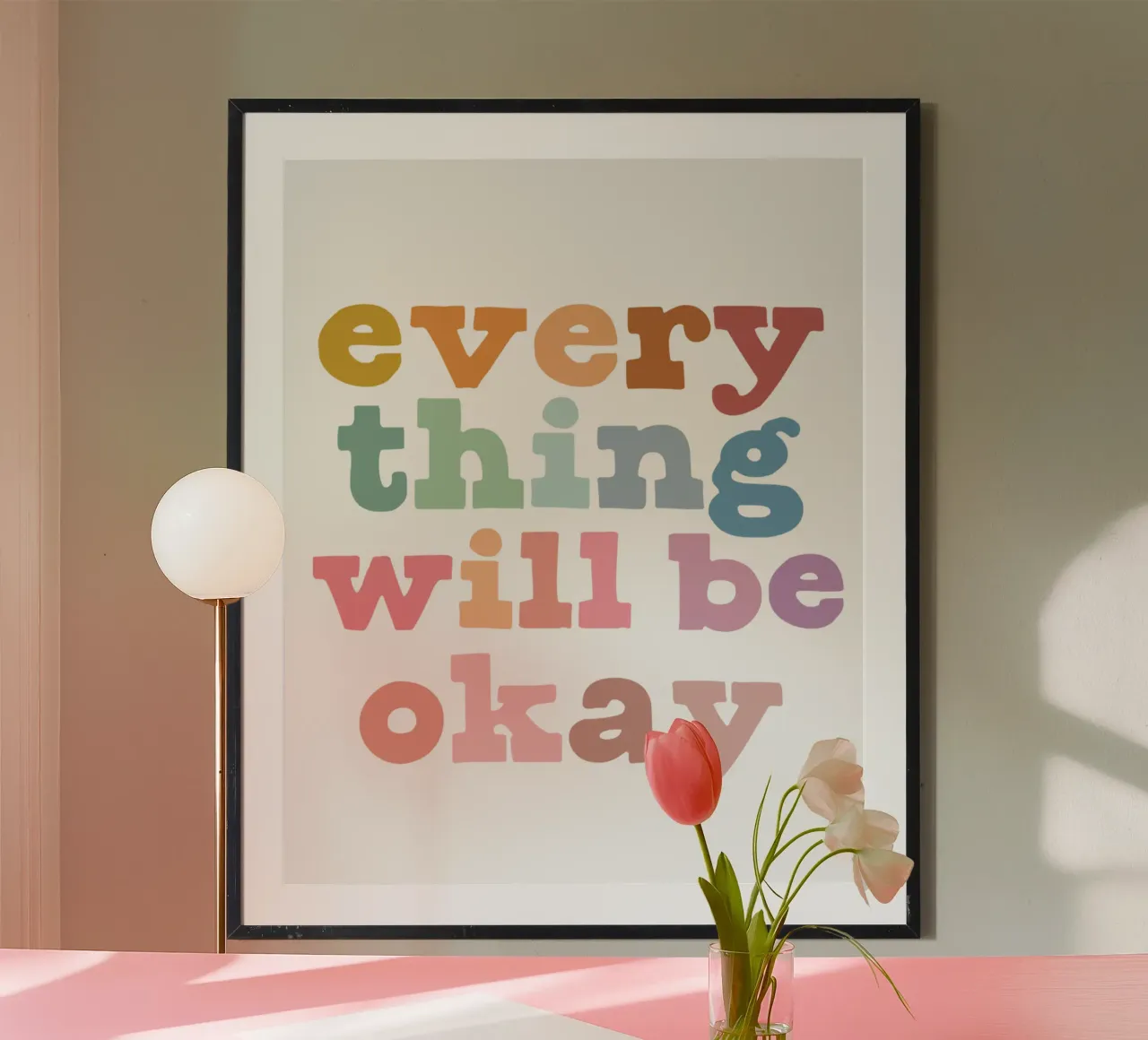 Tutto andrà bene, Affermazione positiva per bambini, arte della cameretta poster con telaio in legno da ABC Prints