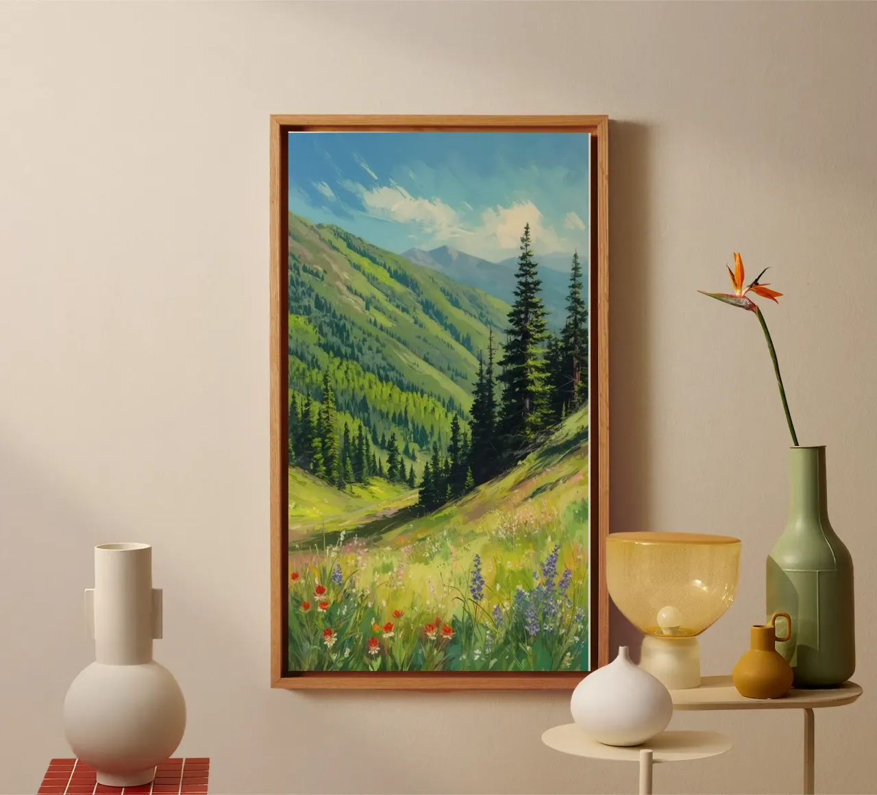 green tall tree in hill canvas with Floater frame by hamily