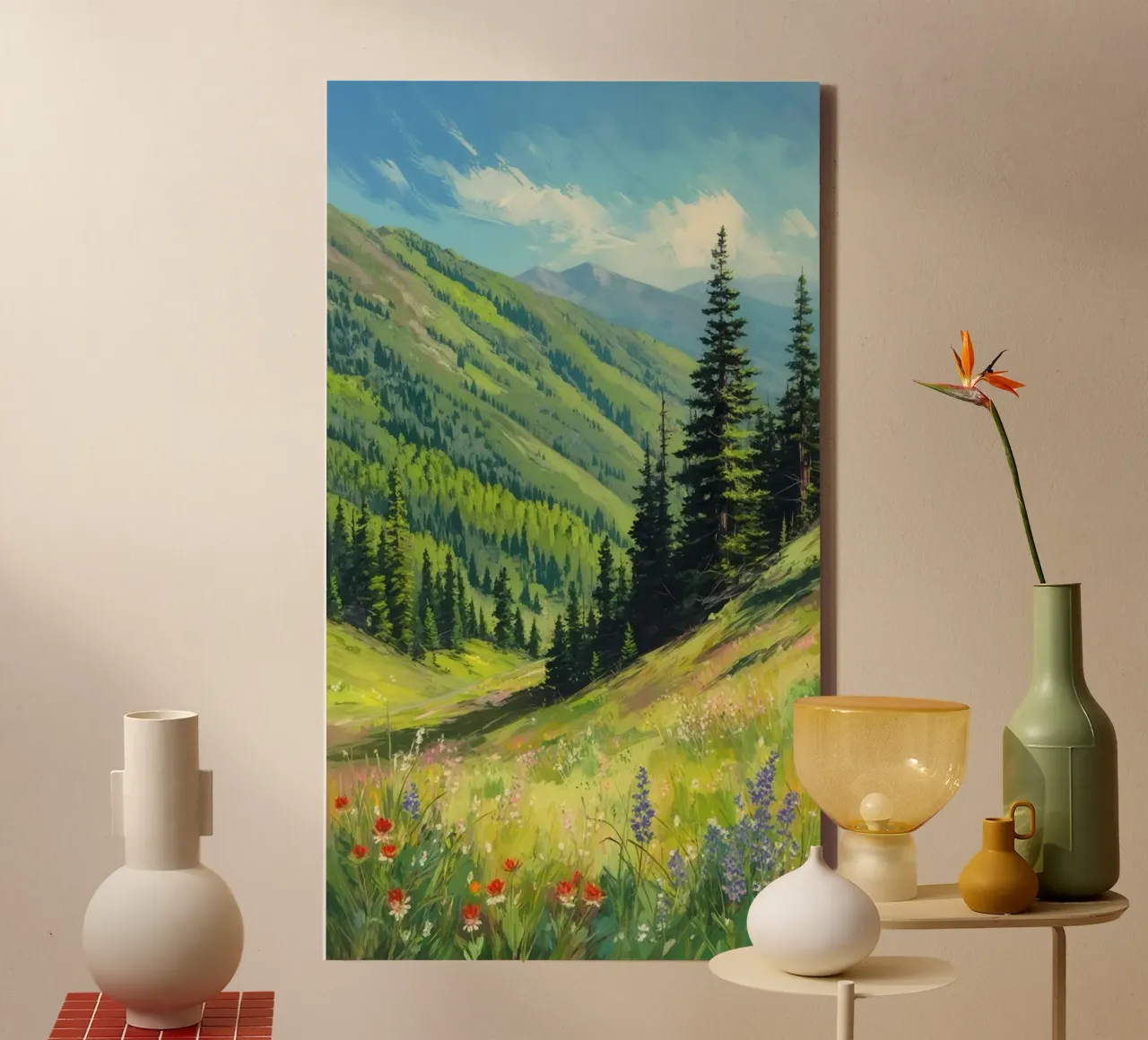 green tall tree in hill canvas with Floater frame by hamily