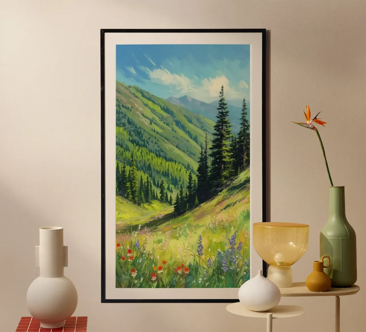 green tall tree in hill poster con telaio in plastica da hamily