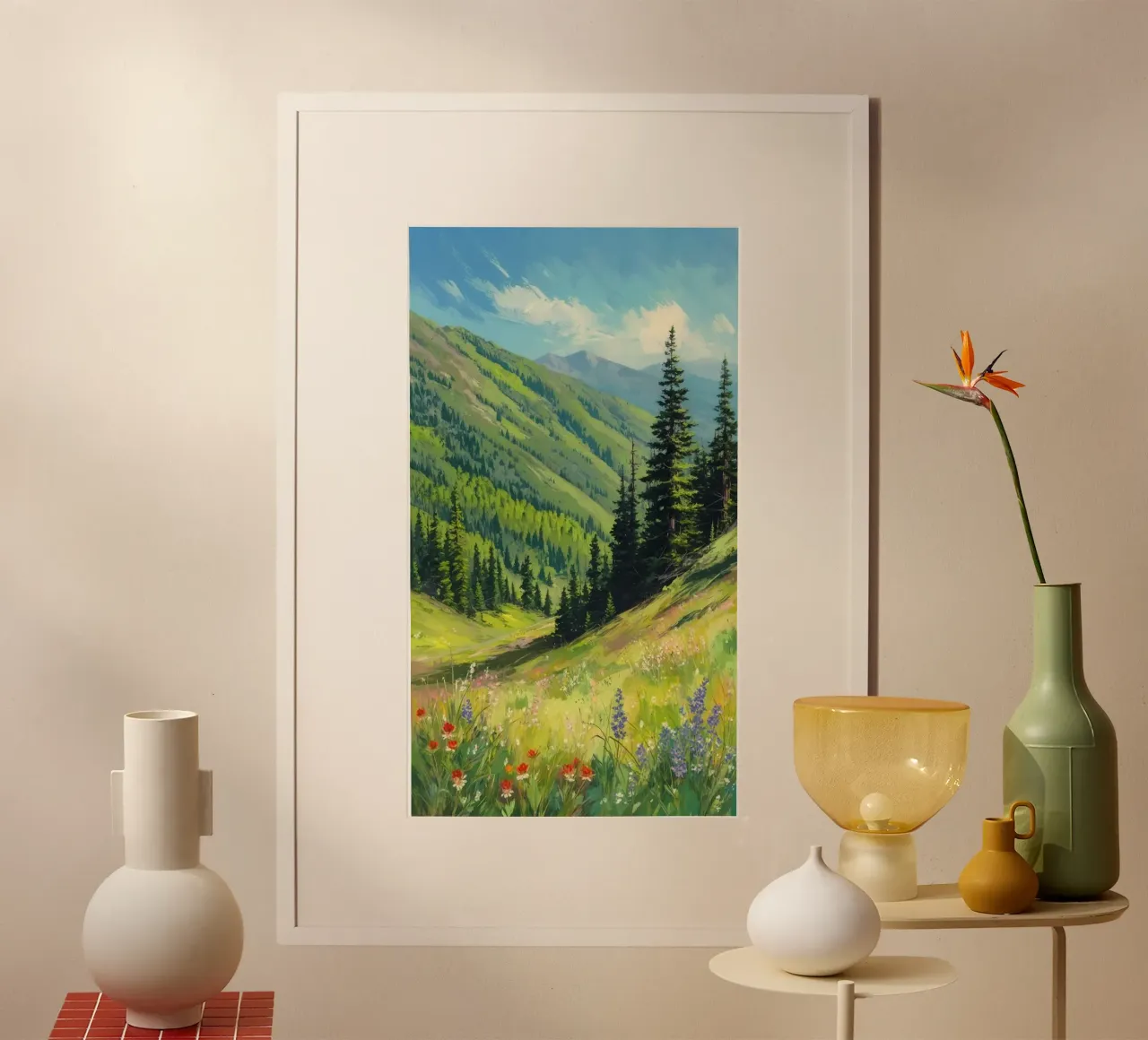 green tall tree in hill poster con telaio in plastica da hamily