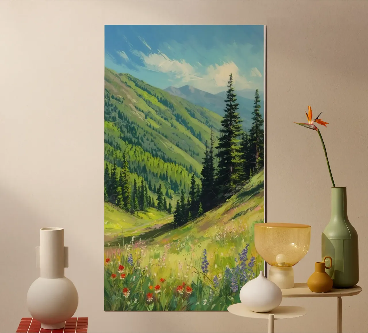 green tall tree in hill poster con telaio in plastica da hamily