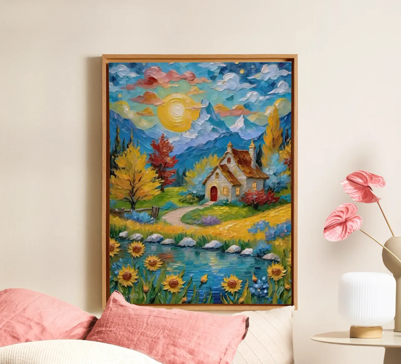art draw house in land canvas with Floater frame by melts