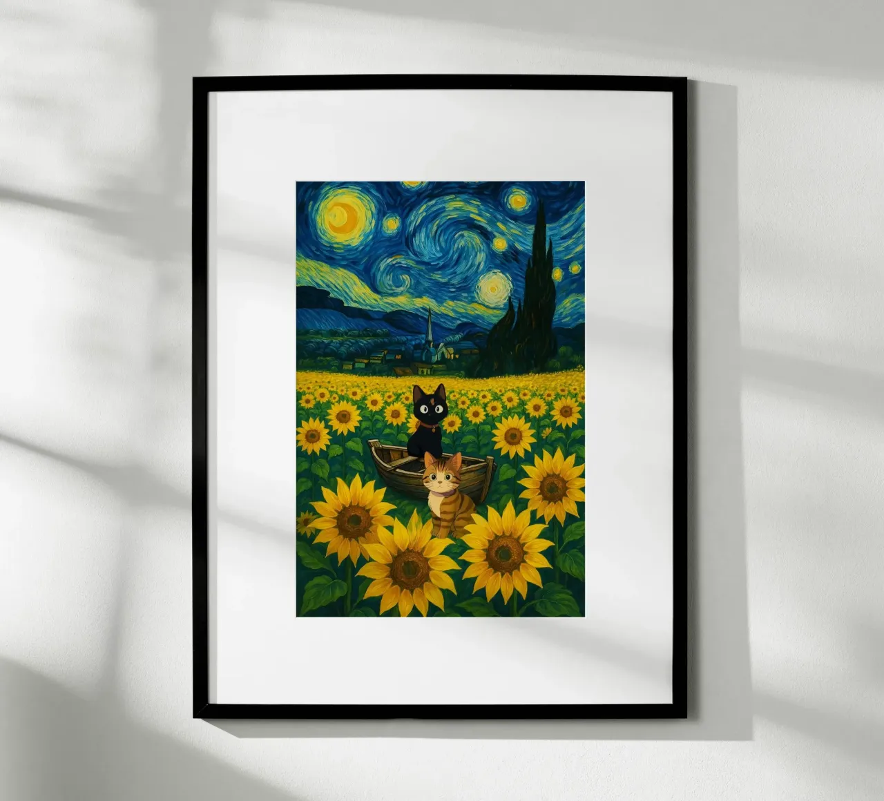 cat and sunflower poster con telaio in alluminio da hamily