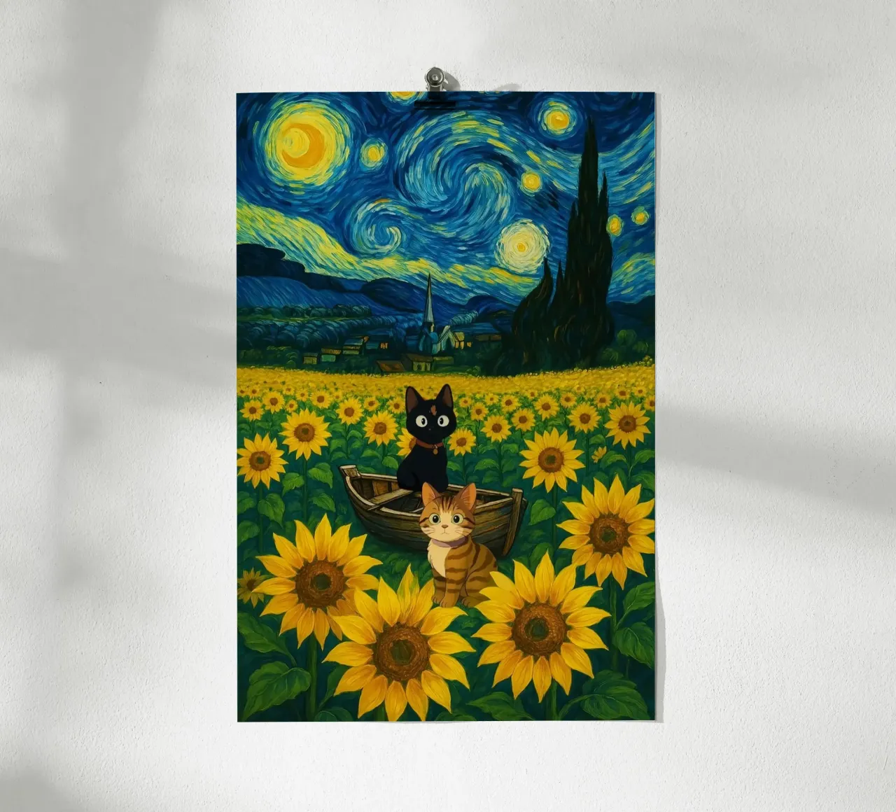 cat and sunflower poster con telaio in alluminio da hamily