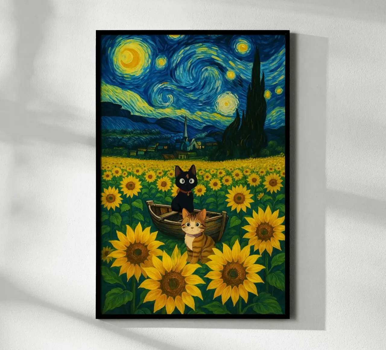 cat and sunflower poster con telaio in alluminio da hamily