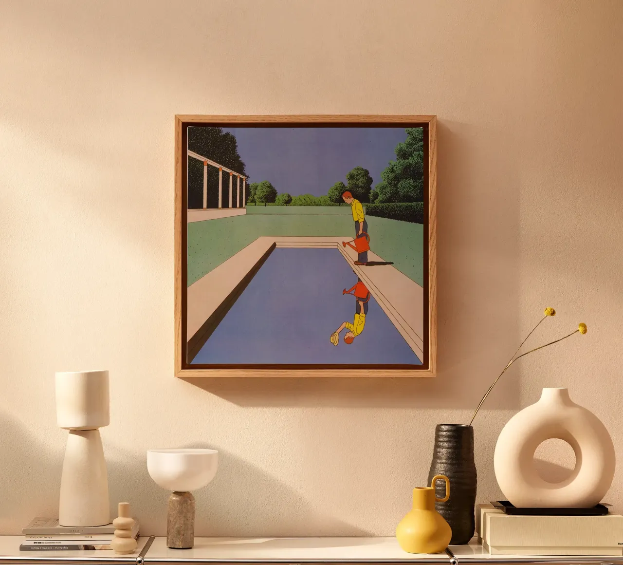 Man Looking at Pool, 1984 canvas with Floater frame by Marco Finkel