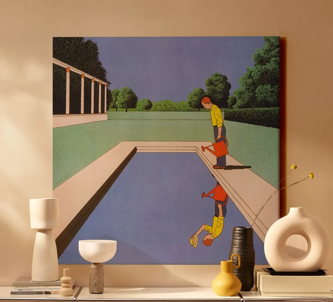 Man Looking at Pool, 1984 canvas with Floater frame by Marco Finkel