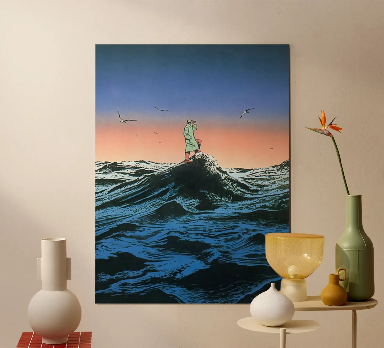 Uomo in piedi in mezzo al mare poster con telaio in alluminio da Marco Finkel