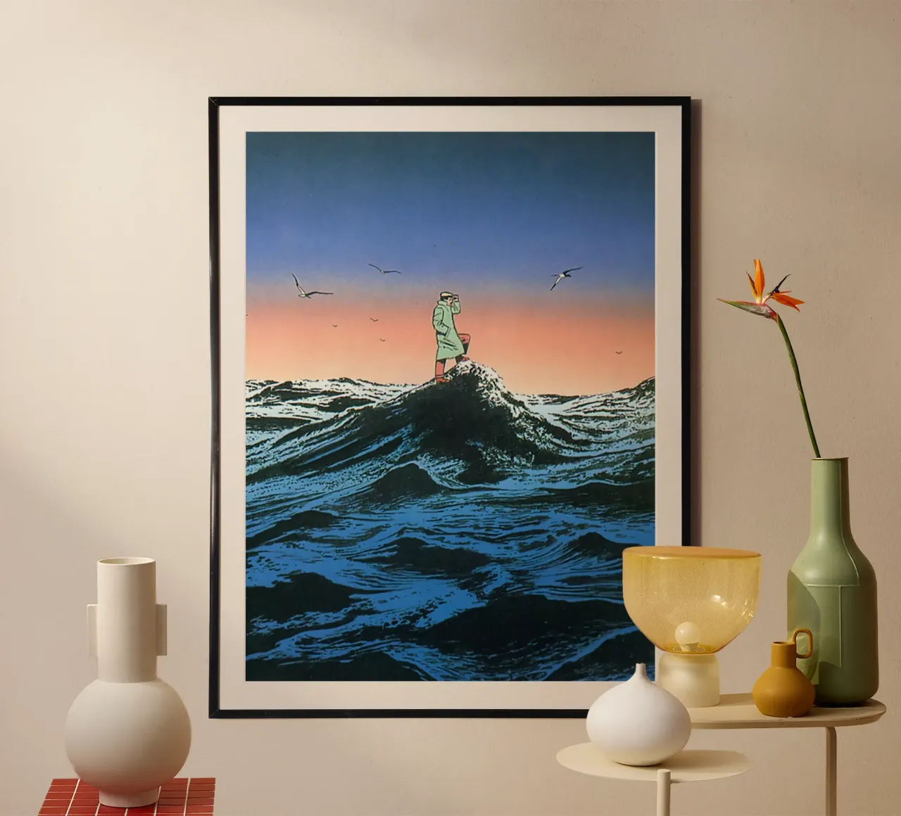Uomo in piedi in mezzo al mare poster con telaio in alluminio da Marco Finkel