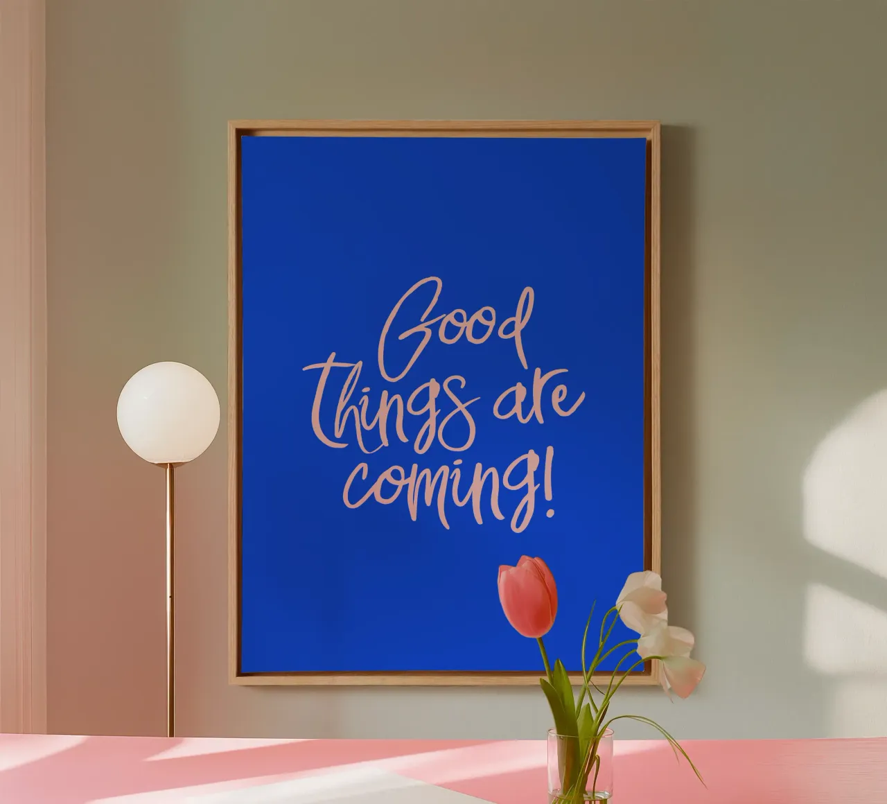 Good things are coming in Blue Pink tela con Cornice a cassetta da dericktype