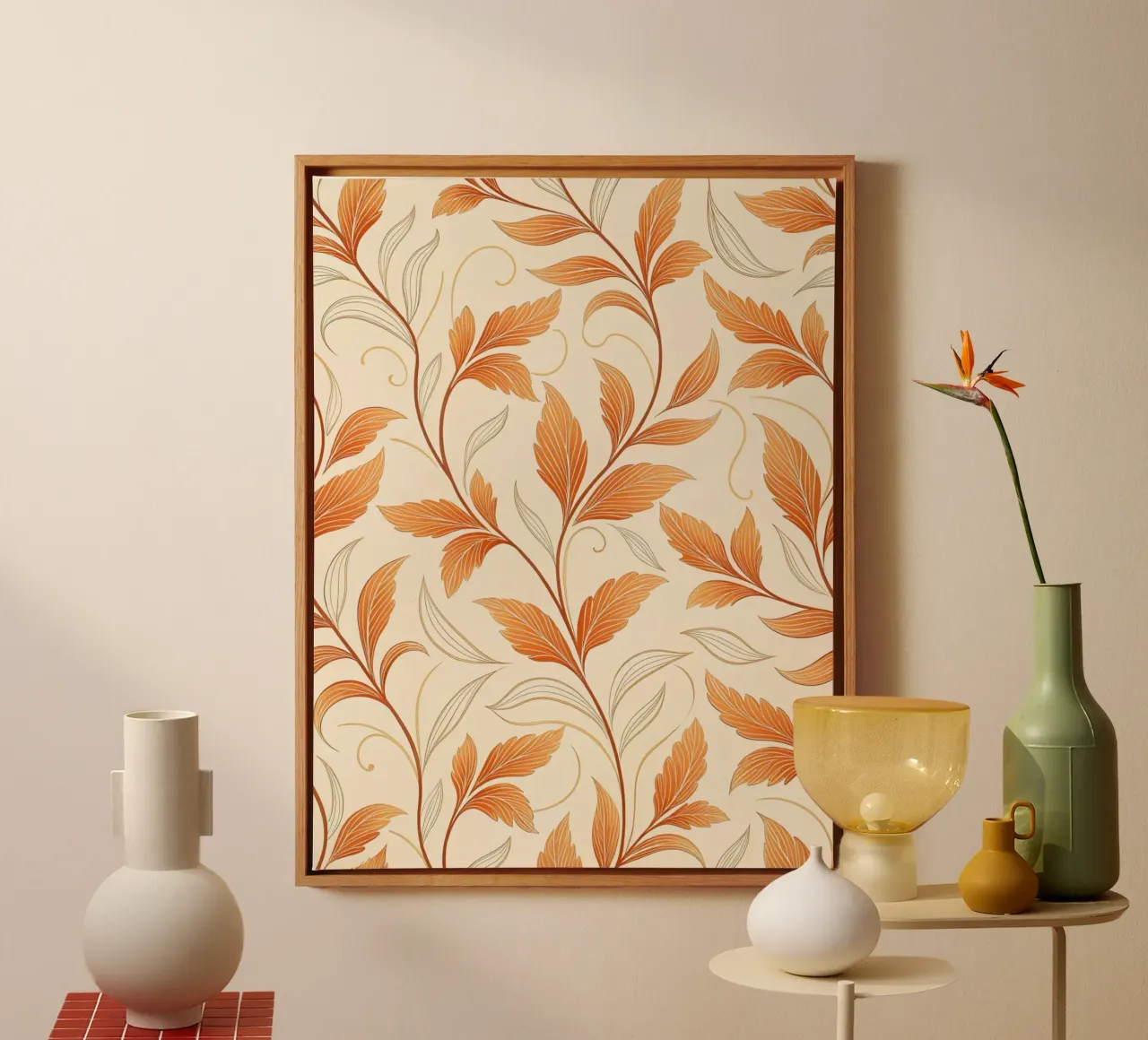 Vignes d'automne orange brûlé et or - Un motif de damas botanique toile avec Caisse américaine de Artistic-shop