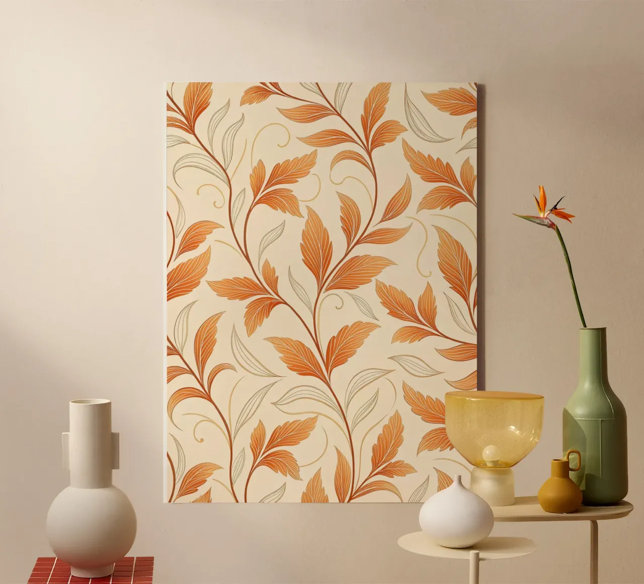 Vignes d'automne orange brûlé et or - Un motif de damas botanique toile avec Caisse américaine de Artistic-shop