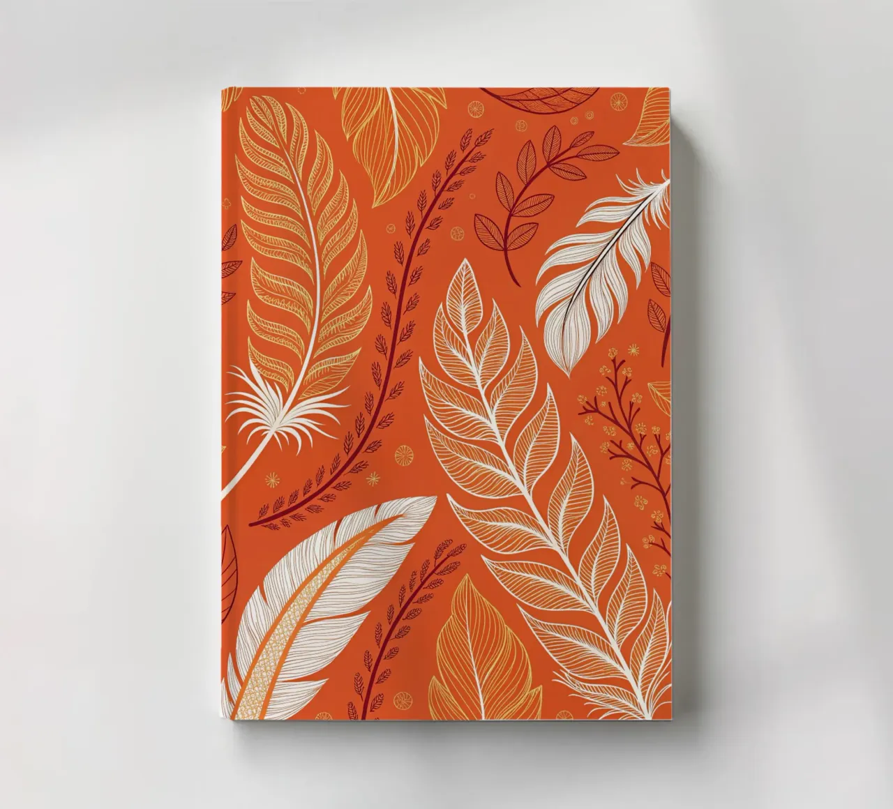 Bohemian Autumn Feather and Leaf Pattern – Burnt Orange, Saf notebook by Artistic-shop