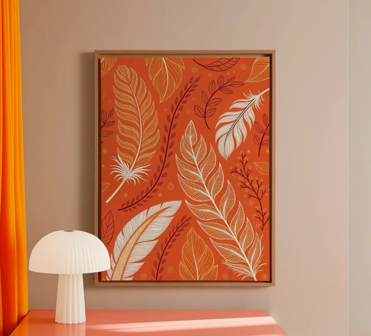 Motivo autunnale bohémien di piume e foglie - Arancione bruciato, Saf tela con Cornice a cassetta da Artistic-shop