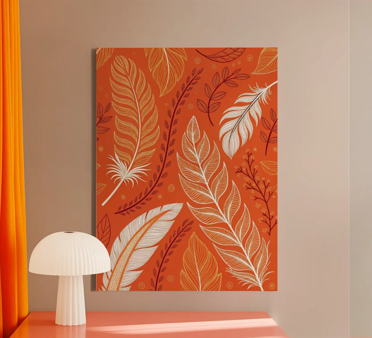 Motivo autunnale bohémien di piume e foglie - Arancione bruciato, Saf tela con Cornice a cassetta da Artistic-shop