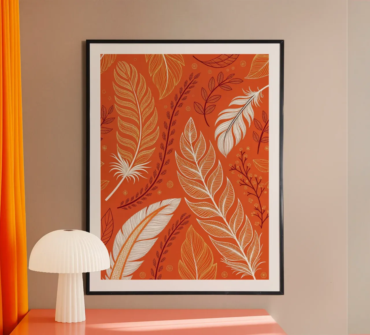Motivo autunnale bohémien di piume e foglie - Arancione bruciato, Saf poster da Artistic-shop